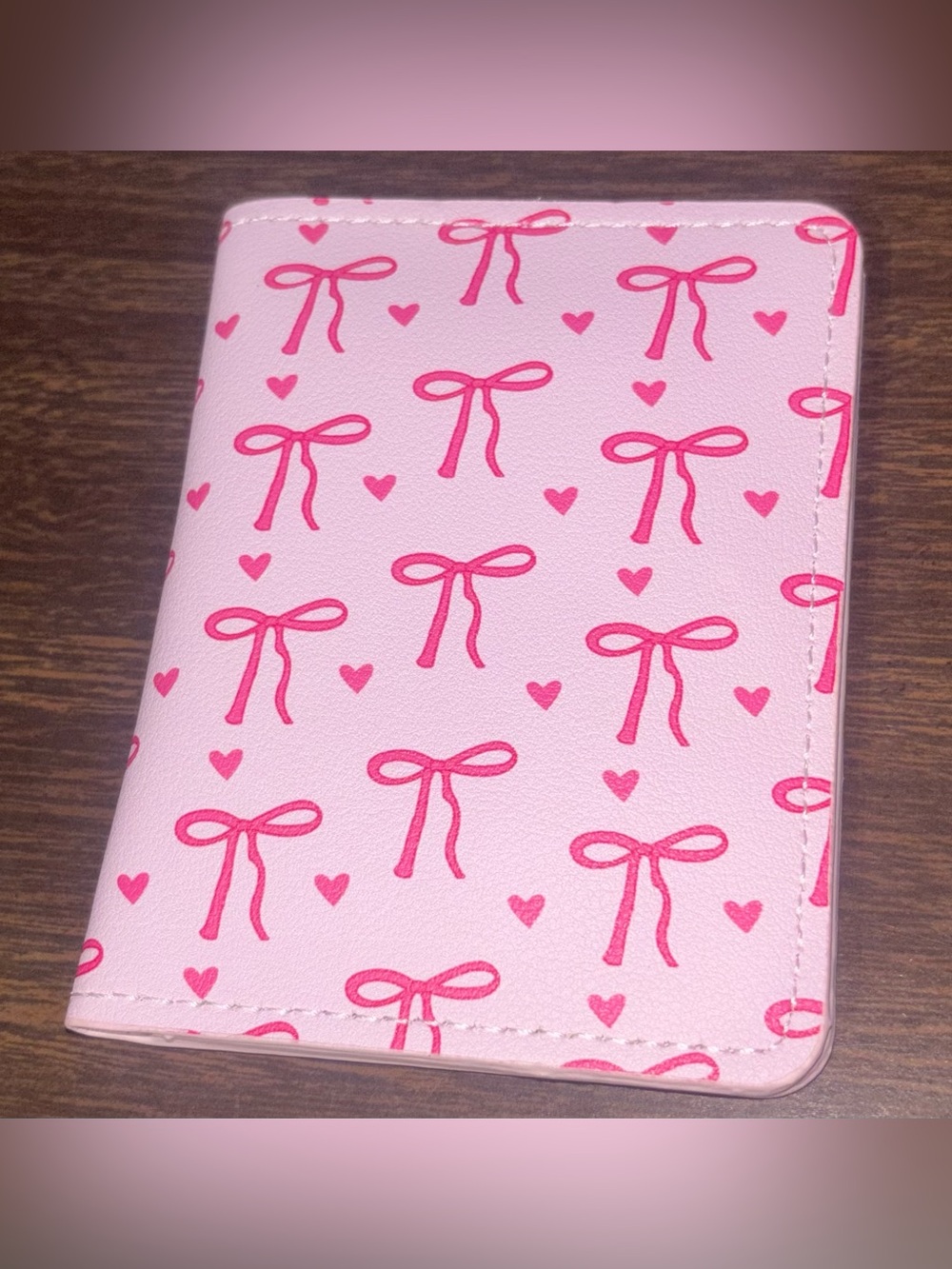 Pink Bow Print Card Holder Wallet - Cute Heart Accent